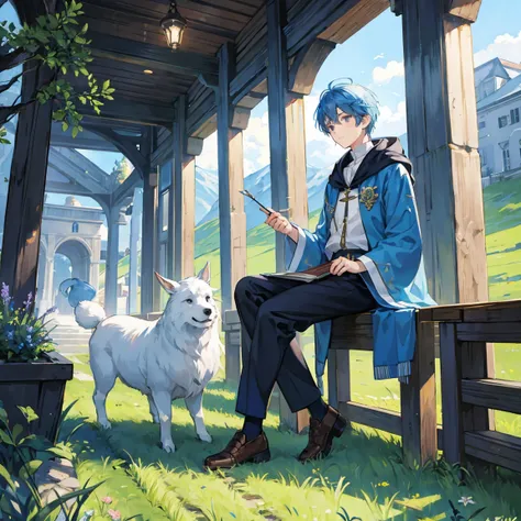 Blue Hair, Short Hair,  Wizard,  male student, shepherd, grassland, British style