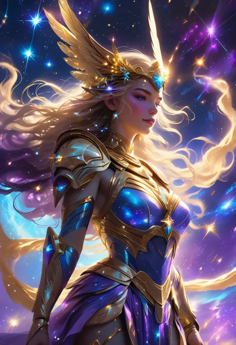 A stunning depiction of a cosmic Valkyrie floating in a vibrant celestial battlefield. Her glowing wings shimmer with ethereal blue and purple energy, and her spear crackles with star-like light. She wears a mix of ornate golden armor and flowing cosmic fa...