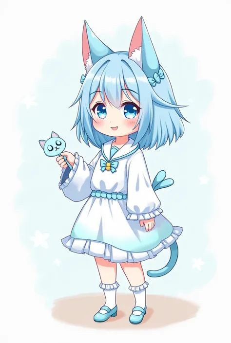 The personal color is white, and the cute SD character illustration clothes with cat ears accented with bright light blue are engraved with a picture of a small light blue cat.