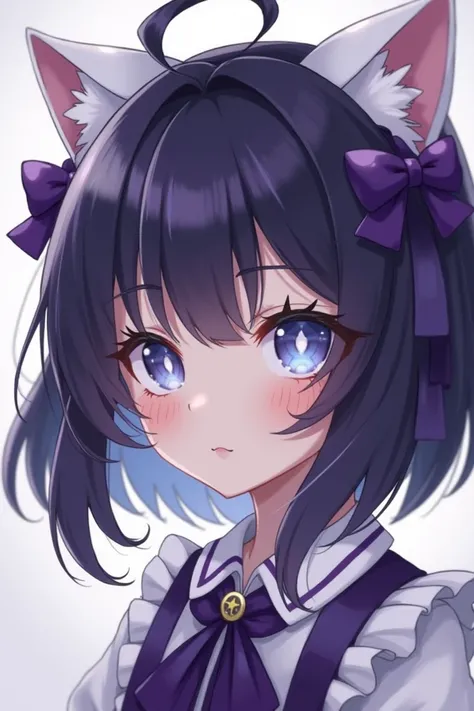 A girl with dark purple hair with a light purple tuft and white cats ears with a dark purple ribbon and a light purple ribbon with blue eyes with a star in the middle and a crescent with two stars on her cheek