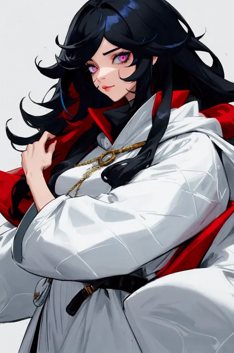 Create a woman disguising herself as a man with tied black hair and colorful eyes wearing white adventurer clothes