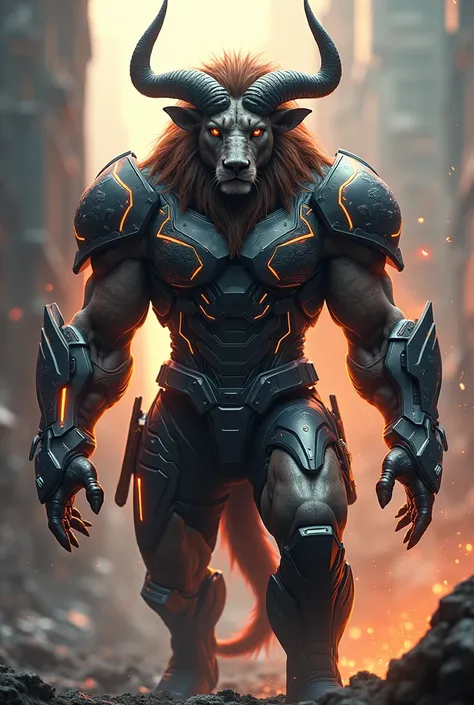 Wildebeest and Lion merging and becoming a hybrid animal with superhero armor 