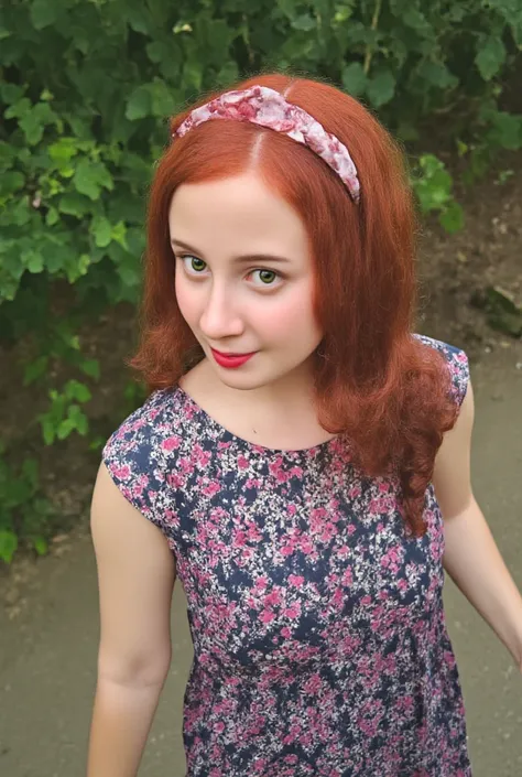 Ginger, redhead, 20 years old, floral dress