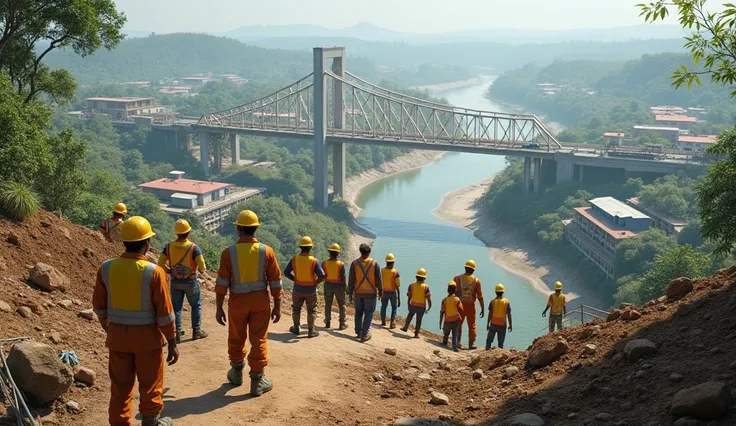 Indian engineers rebuilding infrastructure in Bangladesh:
A team of Indian engineers constructing modern bridges, schools, and hospitals while locals cheer and assist.