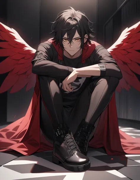 1man,solo,handsome face,fit body,yandere, shaggy hair style,black hair,punk rock dark clothes,deep detailed eyes,tall,dark room,calm, serious and dark expression,masterpiece,best quality,high resolution,sharp focus,depth of field,majestic red angel wings,f...