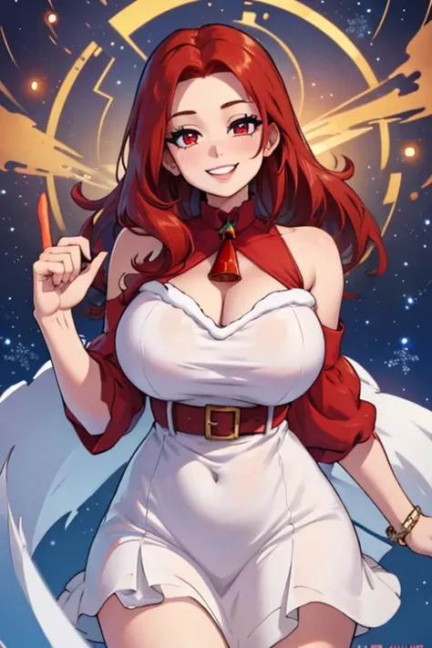 Perfect face. Perfect hands. A red haired woman with red eyes with an hourglass figure in a cute Christmas dress is watching the stars with a big smile