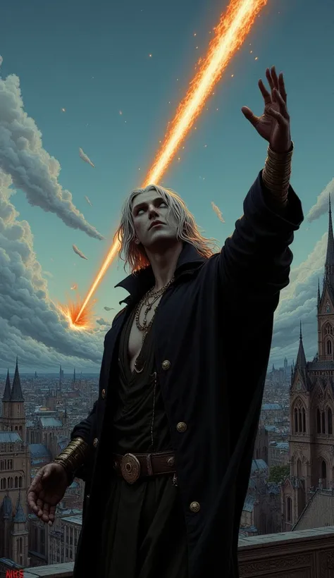 A 3D render of a pretty young man with long white hair and a sinister face, waving his hand in the air to summon a huge meteor in the sky. He is wearing a long black overcoat that exposes his chest. The background is a city landscape and a clear wide sky. ...