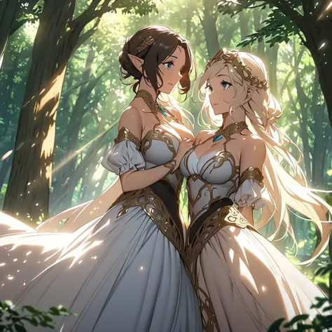 Mysterious,Two beautiful elf girls,Beautiful breasts,noble,forest, sunlight filtering through the trees,Fun, dancing