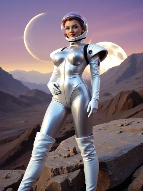 A sensual retro sci-fi female adventurer in 1950s pin-up style, standing confidently on a rocky alien planet with a purple sky and two glowing moons. She wears a form-fitting, shimmering silver space suit with a plunging neckline and metallic thigh-high bo...