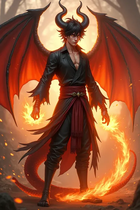 Young and handsome half man half dragon male around 25 years old. Floppy dark hair and gold eyes. Black horns that curl around the side of his head and black wings. Sorcerer with fire magic around him. Red scaled dragon tail. 