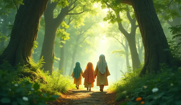 Muslim babies walking through the forest, beautiful scene 