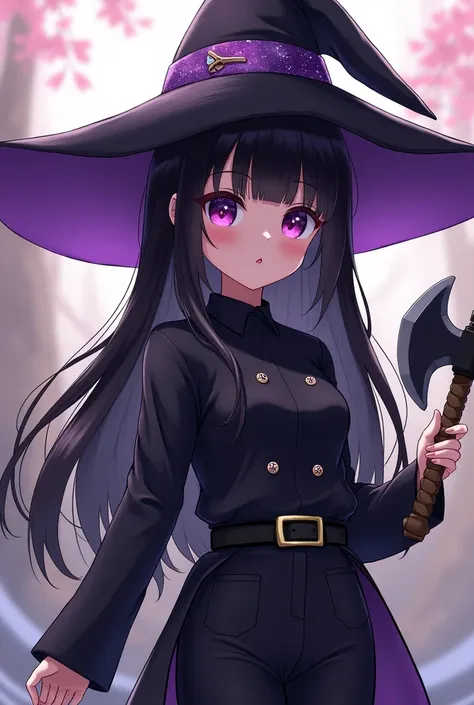  Black-haired with bangs with black witch hat with black blouse with black belt with black pants with Japanese symbols with a black Minecraft axe in her hand and purple sparkles on the 3d anime witch hat