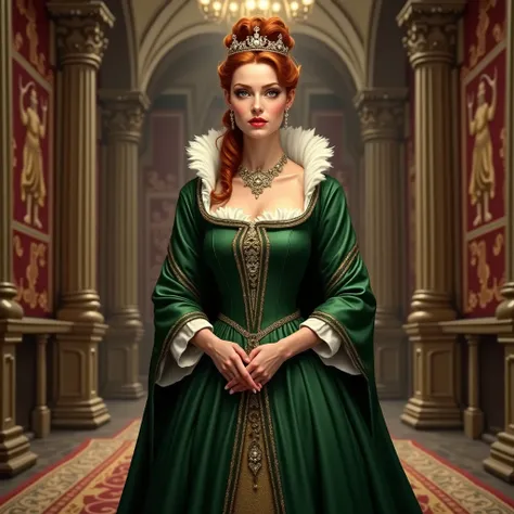 Queen Alicent Hightower with reddish brown hair in a green tudor style dress with a tiara standing in the hallway of a castle