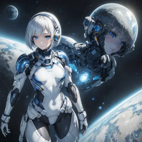 (masterpiece、 top quality 、 highest resolution、 clear_image、 Detailed Details): (Whole body、A 20 year old girl、Japanese Faces、 small face、 slender、 dark blue super short bob cut hair、(Hidden small breasts:1.3)、 Sparkling Blue Eyes 、Shiny pilot suit in whit...