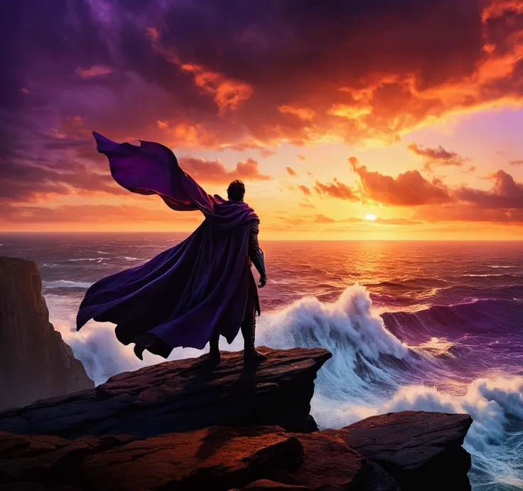 A powerful scene featuring the hero standing on a jagged cliff overlooking a roaring ocean at sunset, wind whipping through their cloak, dramatic sky with orange and purple hues. The heros silhouette dominates both screens, widescreen epic scale, emotional...