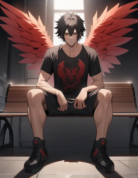 1man,solo,handsome face,fit body,yandere, shaggy hair style,black hair,punk rock dark clothes,deep detailed eyes,tall,dark room,calm, serious and dark expression,masterpiece,best quality,high resolution,sharp focus,depth of field,majestic giant red angel w...