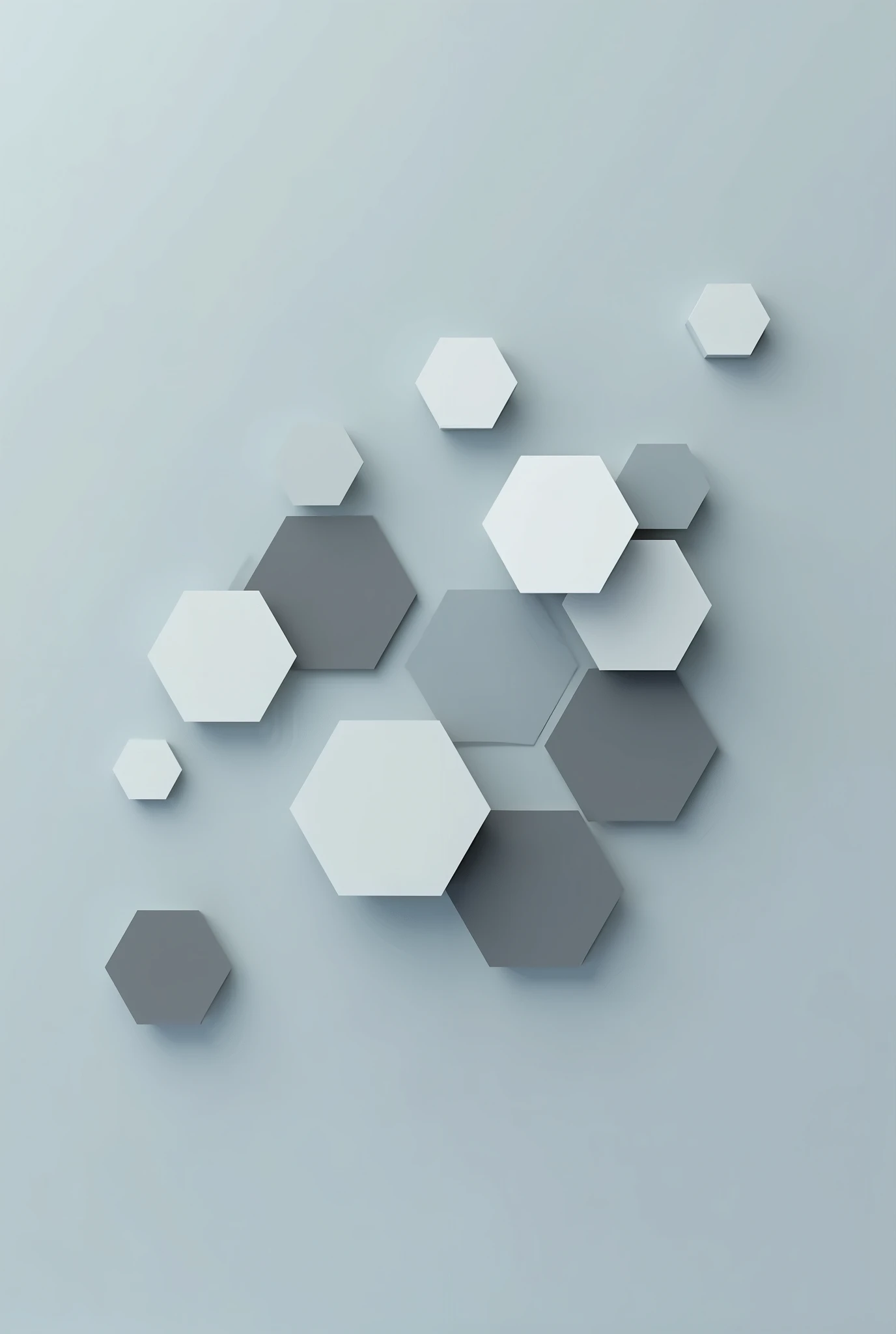 The image is a digital abstract artwork featuring a minimalist design with a soft and muted color palette. The background is a solid light blue-grey, providing a calming and neutral backdrop. The main subject consists of various overlapping 3D hexagon shap...