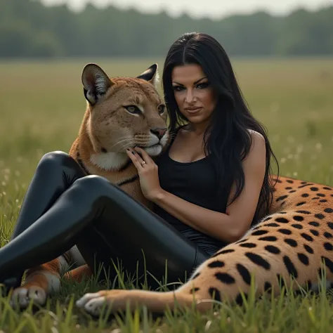  woman with long full black hair and middle parting, Size: 165cm, Weight: 58kg,  her face is a bit plump, she doesn&#39;t smile,  she is cuddling with a cougar lying on a large grassy landscape, she is wearing a black top and black leather pants ,  her fin...