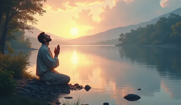 Joshua by the River: Joshua, with a serene and trusting expression, kneels by the riverbank with his hands clasped in prayer, looking upwards. The background shows the calm water reflecting the soft colors of dawn, symbolizing peace and new beginnings.