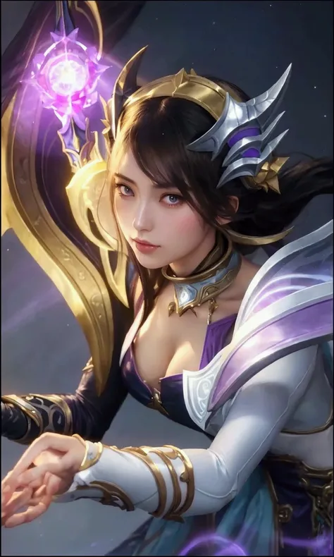 a close up of a woman with a sword and a purple light, astri lohne, ig model | artgerm, portrait knights of zodiac girl, irelia, mobile legends, extremely detailed artgerm, artgerm detailed, artgerm lau, portrait of ahri, leblanc, beautiful celestial mage,...