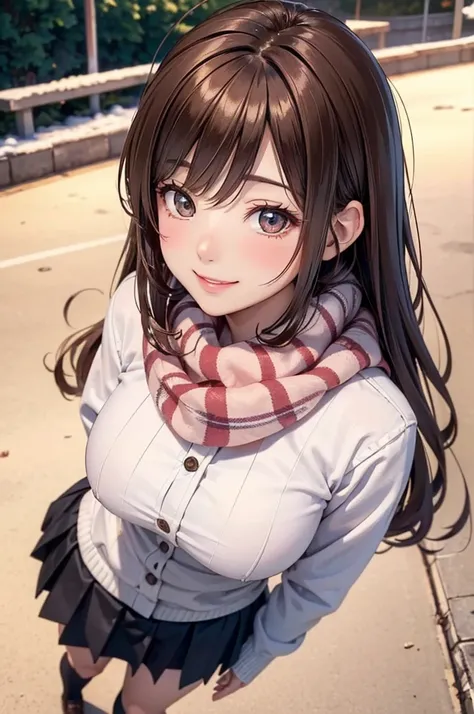 ( Best Quality, high definition ,8k,inelity detailed background, Masterpiece :1.2), pretty girl,Big Breasts,Shiny brown hair,long hair,messy hair, Dominant Smile , school uniform,  miniskirt,  black high socks,  scarf, Gentle look,A refreshing look, top qu...