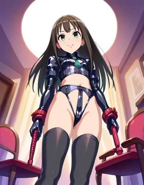  score_9,  score_8_Excellent,  score_7_Excellent, bedroom， darkness，
evaluation_ sensitive ,(((  black shiny latex bondage、 with long whips ，)))  garter belt， elementary school students， small，，young，(  high leg ，)((( dominitox ，)))Shibuya Rin ,  green eye...