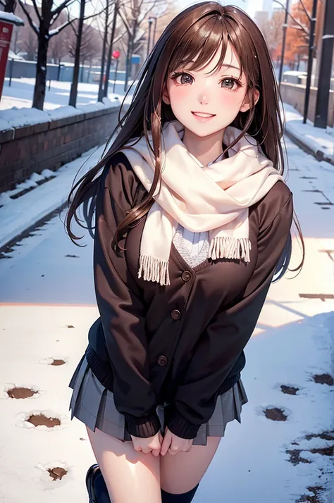 ( Best Quality, high definition ,8k,inelity detailed background, Masterpiece :1.2), pretty girl,Big Breasts,Shiny brown hair,long hair,messy hair, Dominant Smile , school uniform,  miniskirt,  black high socks,  scarf, Gentle look,A refreshing look, top qu...