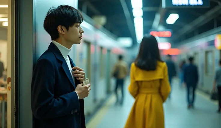  Man looking at a woman shedding a ticket at Seoul Station

At Seoul Station, a man stops and looks at a ticket that a woman has left.  woman is slowly leaving, the ,  The man is looking away at her .  The man is closing his collar with a trembling hand .
...