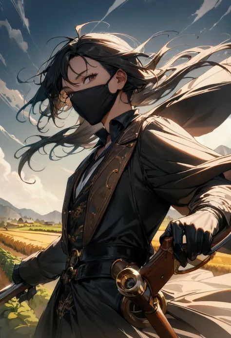 (High Definition:1.3), (Professional Photography:1.2), (very aesthetic:1.2), (absurdres:1.2), (sharp focus), (perfect light), 1boy, farm, black mouth_mask, golden steampunk goggles, black Fabrics(all body, flowing because of the wind) , wind, looking at th...