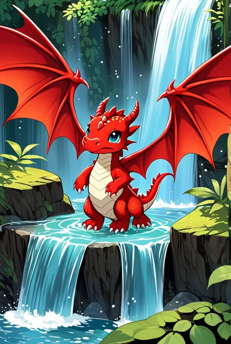  Create a baby dragon with red color , with big wings,  horns and big, bright eyes, swimming in a waterfall 