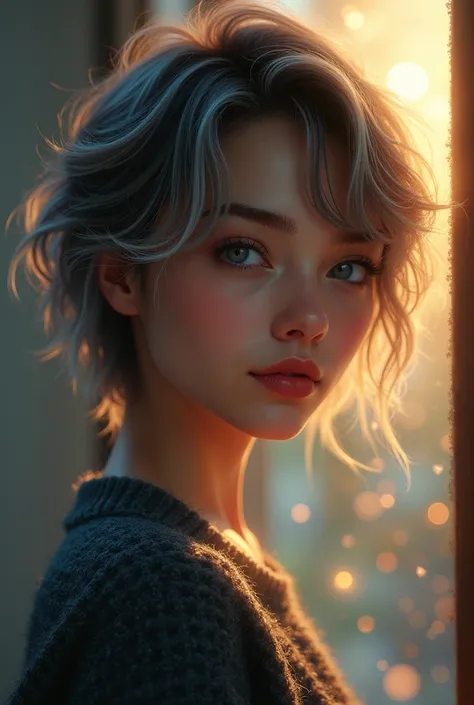 Prompt:

"A stunning close-up digital painting of a young woman with expressive blue eyes and soft facial features, looking over her shoulder with a serene and curious expression. Her hair is textured, short, and styled in a tousled, shoulder-length bob wi...