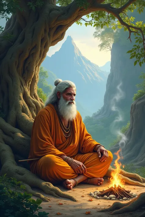 Vishwamitra, Indian mythology, a sage, Amitabh banchan, sits cross-legged on the ground. He wears simple saffron robes, and his wooden staff rests beside him. A small glowing fire burns in front of him, and the massive roots of an ancient tree form a natur...