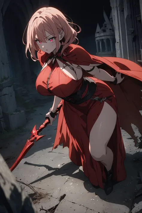 ((((masterpiece)))), ((((Best Quality)))), (anime coloring) ,4k,8k,High resolution,dark,night,Abandoned castle,whole body,fine grain,Detailed face,vampire,red,Red Cape,Red dress,Red long skirt,Curvy,action、so beautiful、Beautiful Skin、Beautiful and detailed...