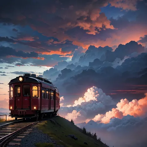 ((red colored ancient train descending down the mountain trails)), (((cloudy sky sight)))