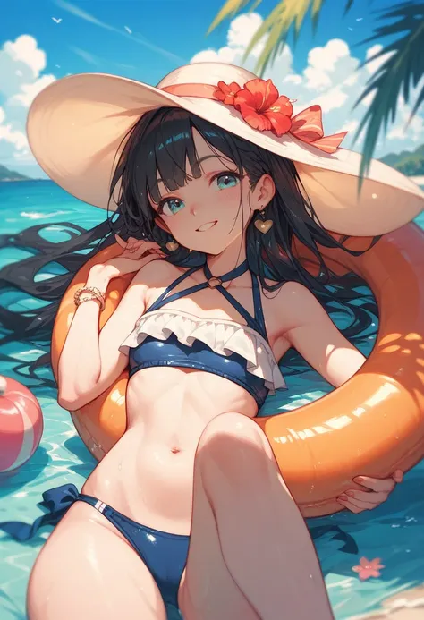 The cutest girl with black hair and swimsuit, the best masterpiece、Perfect hand