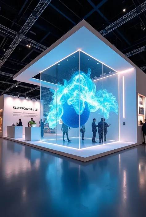 High-tech exhibition booth featuring a 4K transparent LED screen, sleek branding, and dynamic visuals