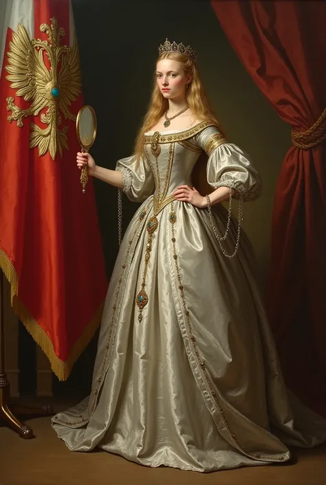 the queen of the Polish-Lithuanian Commonwealth, slender, long-haired, blonde, stands near the banner on the wall of the flag of Poland, she is proud of her image holding a mirror in her hand