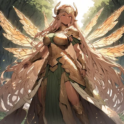 Anime, high detailed, 1 woman, mature woman, fairy woman, elf ears, extremely long alburn hair, tanned skin, curvy body, big Breasts, celtic armor, celtic warrior armor, ornamented headband, skirt, narrowed eyes, serious, butterflys wings, spreading her bu...