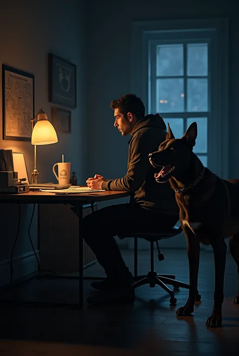 Create an image of Aryan sitting at a desk, looking alert at night, with the above same dog named Shadow growling beside him.
