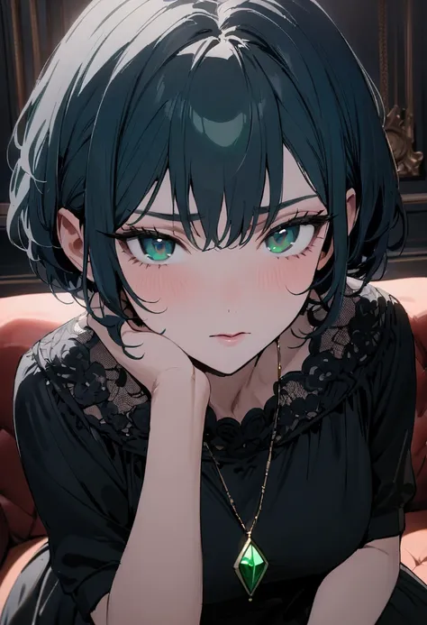 best quality, 1 adult woman, dark blue short hair, sharp blue-green eyes, wearing a small emerald pendant necklace, sitting on the sofa, looking at the camera, indoors, elegant style, wearing a black shirt with a black robe and a short black skirt, firm ex...