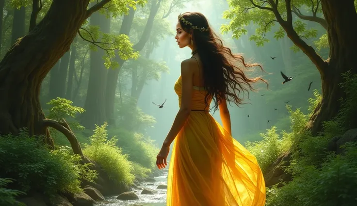 Menaka a beautiful women, Indian mythology, fair skin, glowing fair skin, a apsara, (((a goddess))), Alessandra Ambrosio, Menaka steps gracefully into the forest, her golden sari contrasting with the lush green foliage. Her expression is a mix of determina...