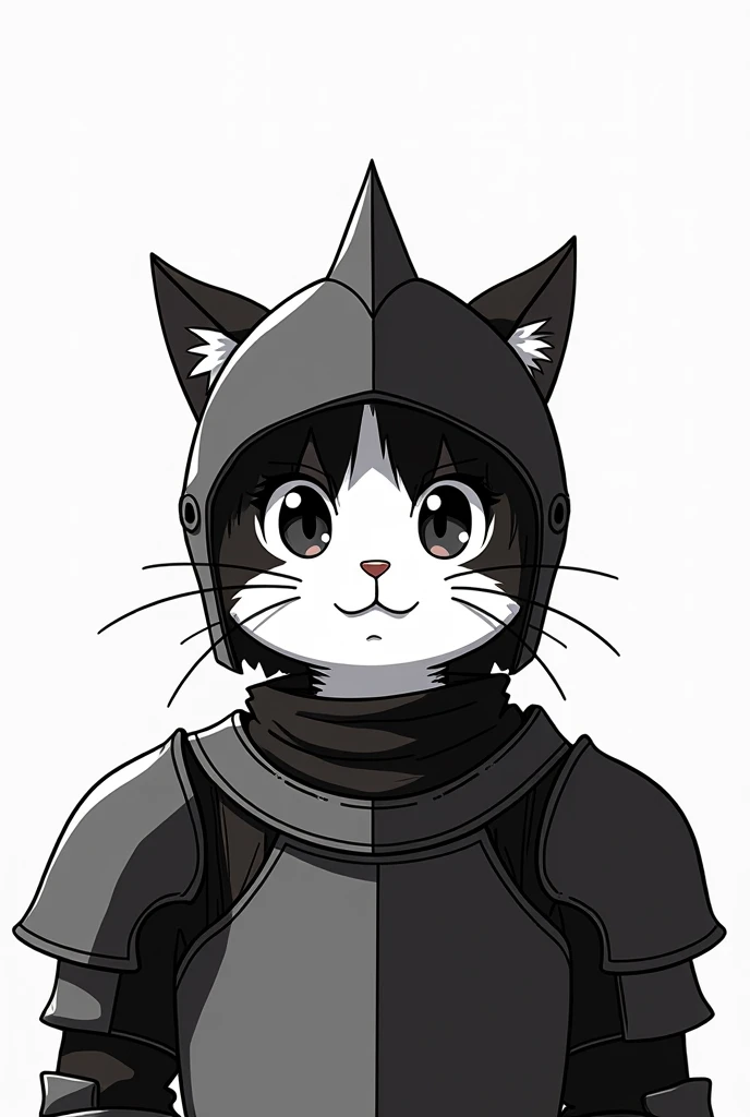 cat head with opened knight helmet, 2d style, black and white, anime style, cat ear outside.