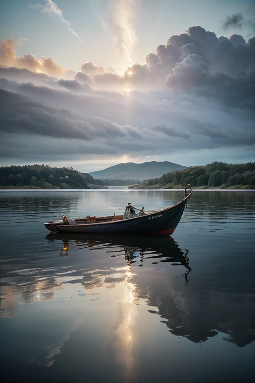 Create a metaphorical card visual with an abstract and dreamlike scene. The card should feature a surreal landscape with a central element, such as a floating boat drifting peacefully in the sky. The sky is filled with soft, fluffy clouds and a gentle glow...