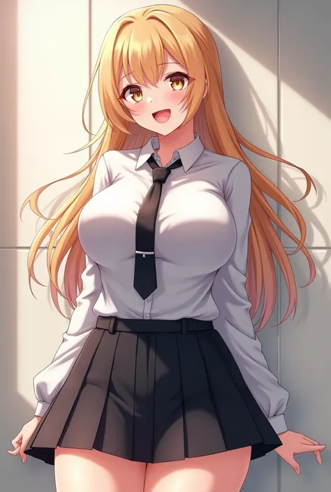 Anime school outfit,Breasts, Open Mouth, blonde Hair, Accurate, Long Hair, Large breasts, Smile, Anime, unbutton  white shirt black tie
Cleavage, mini skirtnsfw
Tongue, Naughty, busty