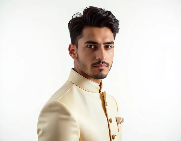 create a side pose of young, fair & handsome dulha in modern style sherwani looking towards camera , white background