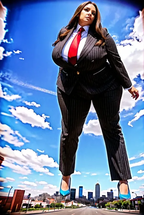 Looking up at the approaching giantess from below, Giantess art, 100 miles tall giga giantess, sophisticated and stylish woman in a light grey italian pinstriped trouser suit, form fitting crisp white office shirt, and a large wide blue necktie in a windso...