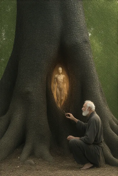 An old man who makes a figure in a tree but no one underestimates him 