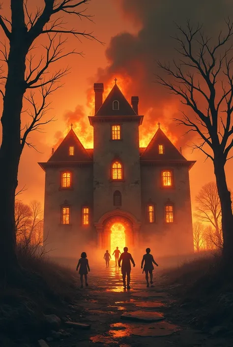 Make me an image of an old orphanage in London where the walls are gray and have two dry trees next to it, the orphanage must be on fire and burning