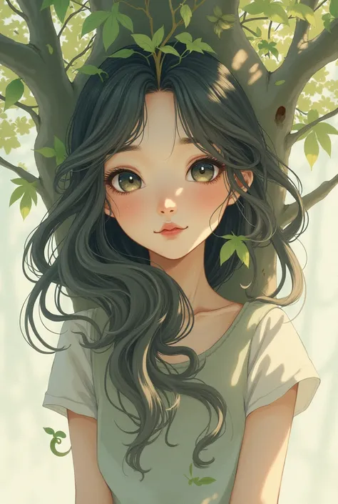 draw an anime girl with curly hair from her hair with a tree with a pencil 