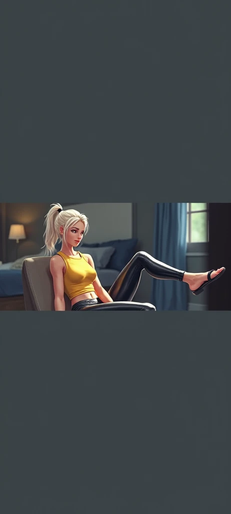 Woman woman platinum blonde hair tight yellow t shirt shiny black leather leggings black flip flops athletic style body setting in a chair with her legs crossed her hair tied back and a ponytail in a bedroom
